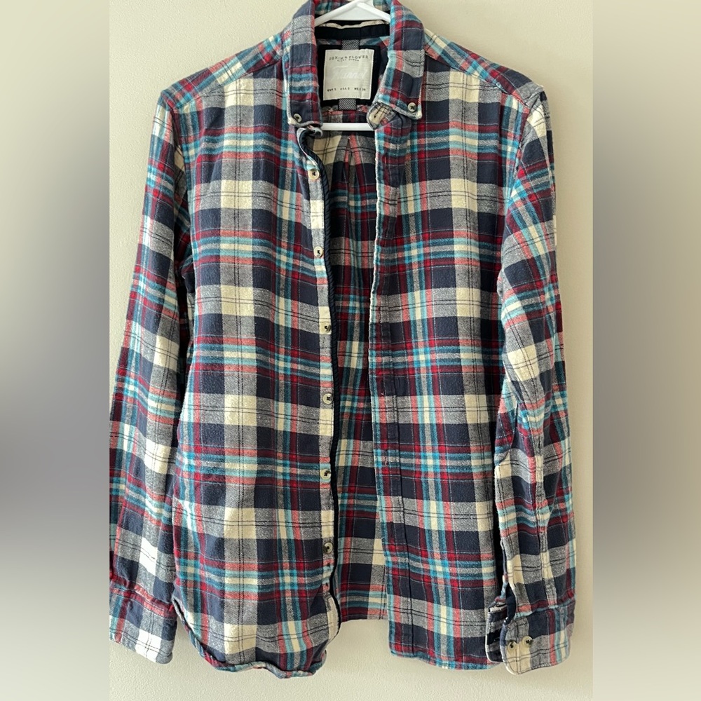 Denim & Flower Plaid Button-Up Shirt in Navy, Cream & Red